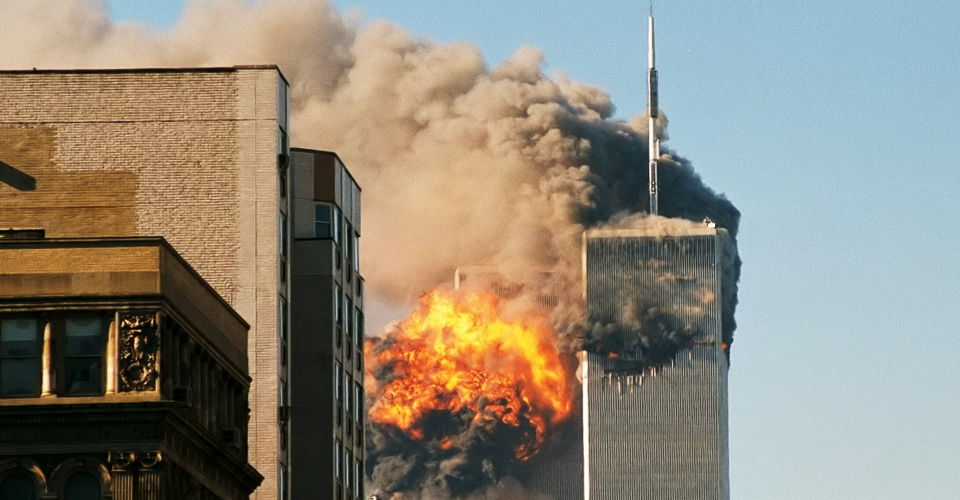 United Airlines Flight 175 crashes into the south tower of the World Trace Center complex in New York City during the September 11 attacks
